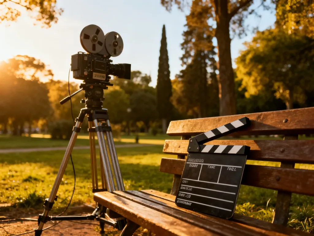 Profesjonalna kamera filmowa i klaps na ławce w parku podczas złotej godziny, ilustrujące kulisy powstawania filmu.
