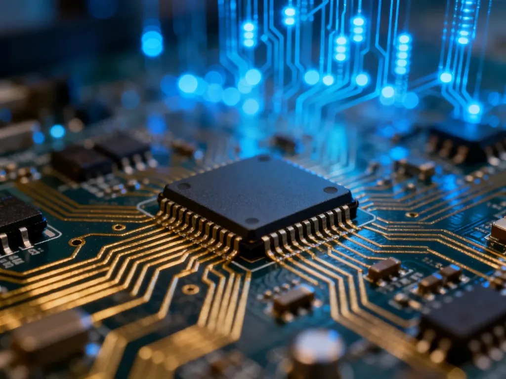 Zbliżenie na płytkę drukowaną z widocznym układem logicznym, symbolizującym podstawy działania technologii cyfrowej.
