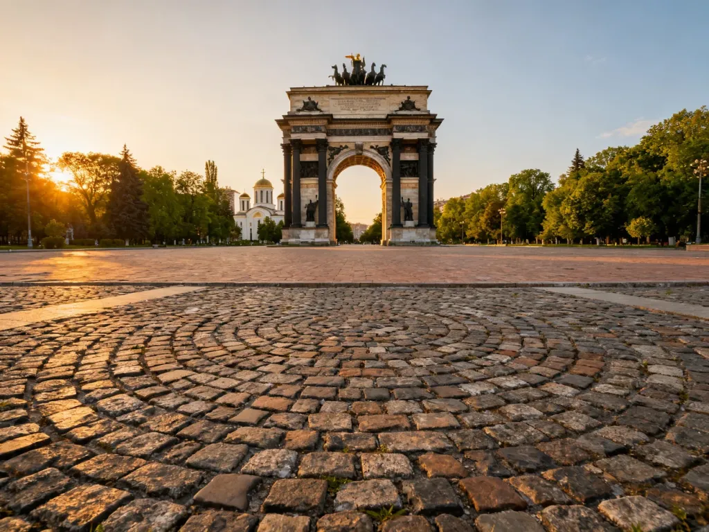 Łuk Triumfalny w Kiszyniowie w blasku zachodzącego słońca na tle Parku Katedralnego.