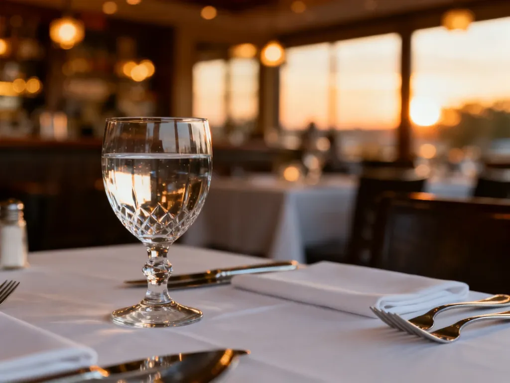 Elegancko nakryty stół w amerykańskiej restauracji z widocznymi sztućcami i kieliszkiem w przytulnym, ciepłym oświetleniu.
