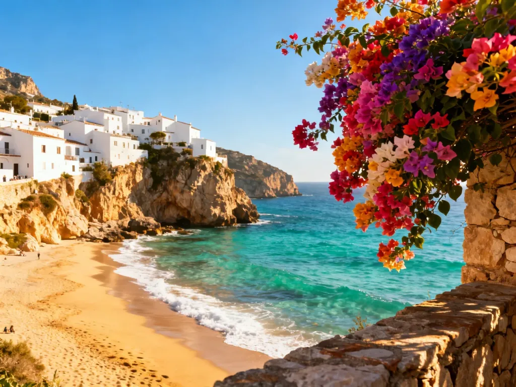 Panoramiczny widok na wybrzeże Costa Brava z turkusową wodą, piaszczystą plażą i malowniczymi domami na klifie.