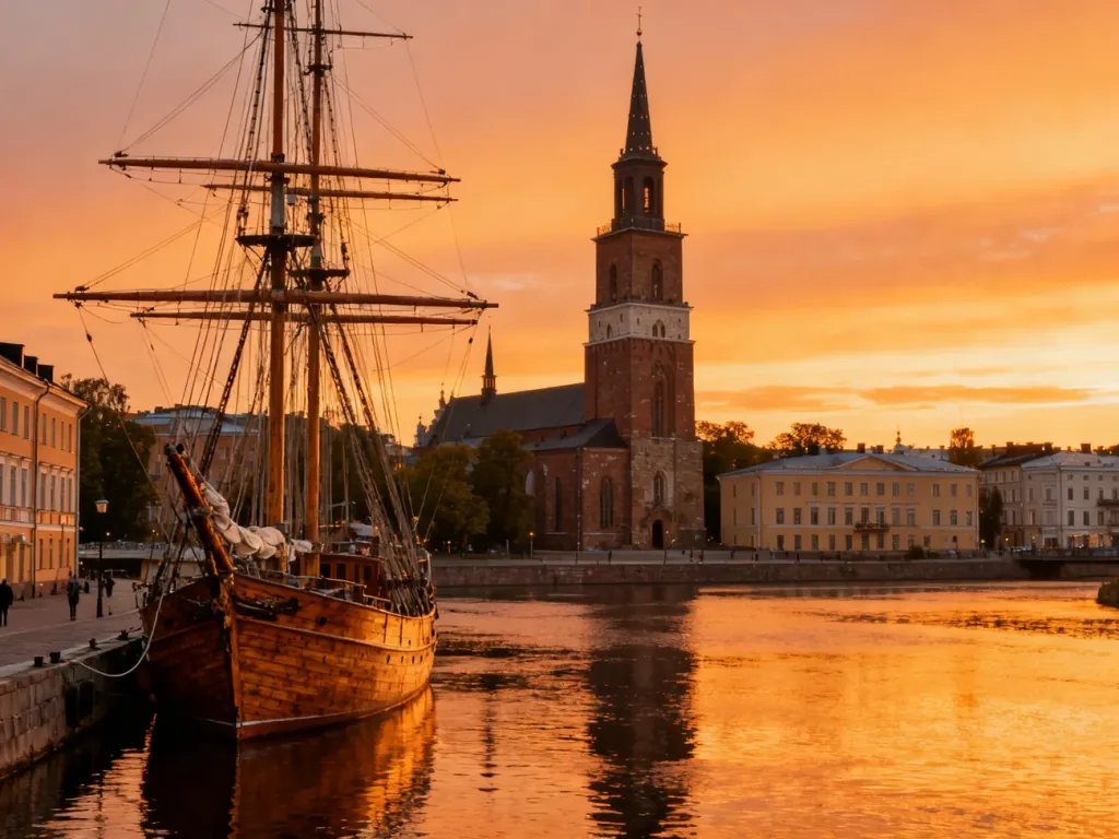 Złota godzina nad rzeką Aurą w Turku z zacumowanym żaglowcem i widokiem na katedrę w tle.