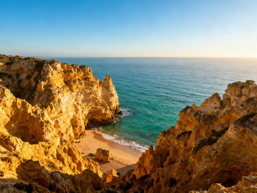 Malownicze wapienne klify i piaszczysta zatoczka nad turkusowym oceanem w regionie Algarve w świetle zachodzącego słońca.