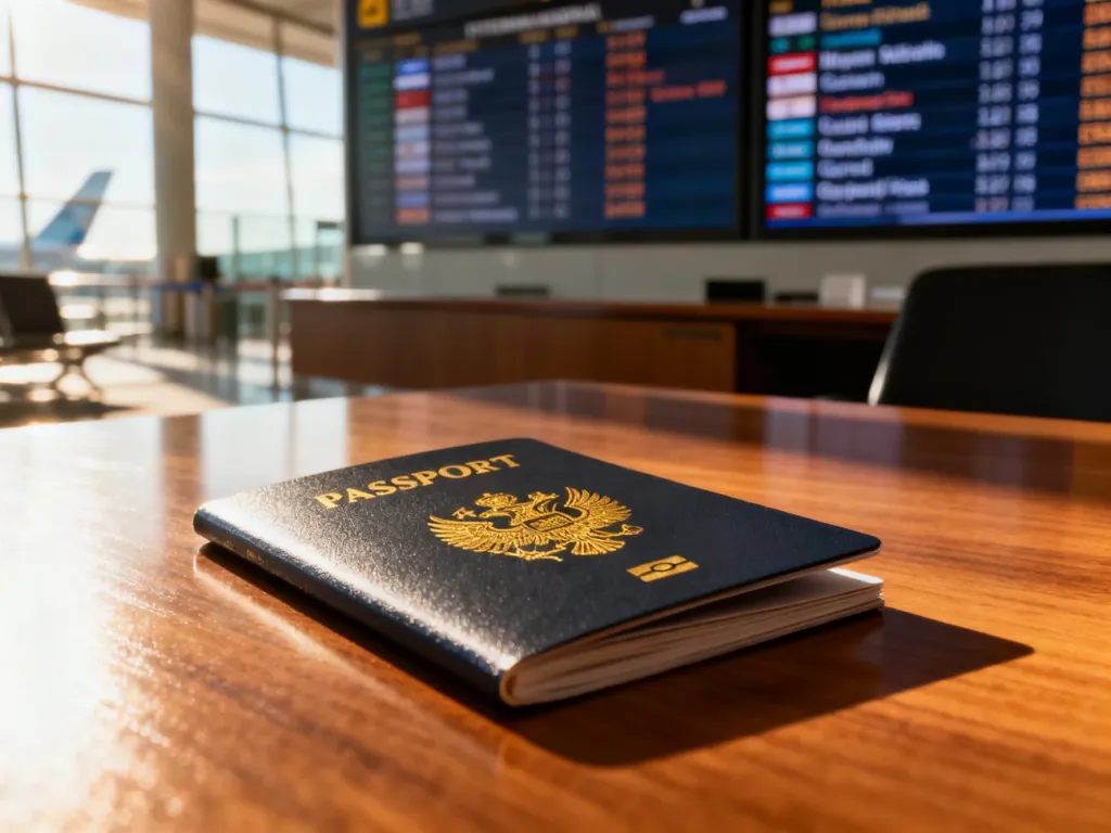 Biometryczny paszport leżący na drewnianym biurku w tle z tablicą odlotów na lotnisku.