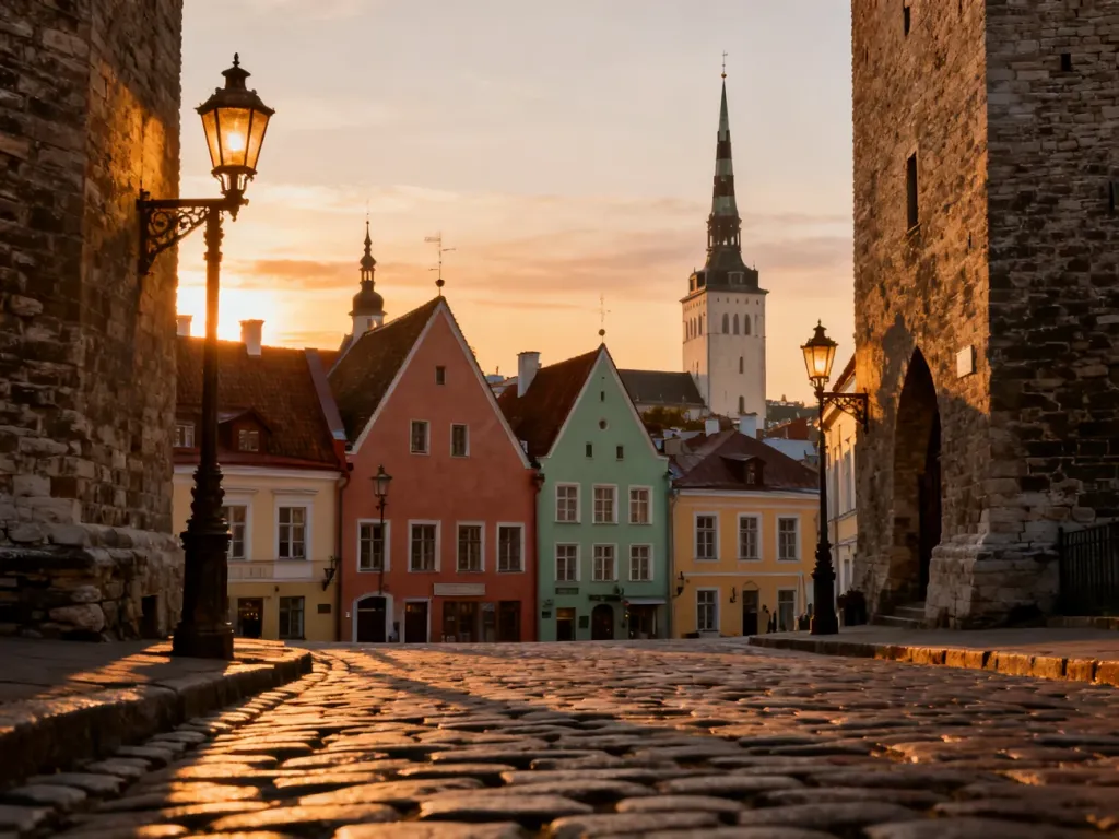Widok na średniowieczne Stare Miasto w Tallinnie o zachodzie słońca z zabytkowymi kamienicami i wieżami kościołów.