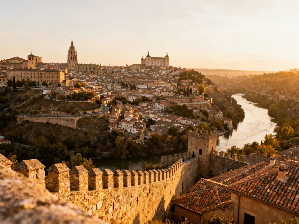 Panoramiczny widok na Toledo w świetle zachodzącego słońca, ukazujący katedrę, twierdzę Alcázar oraz historyczną zabudowę.