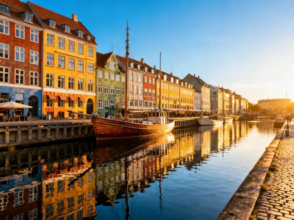 Kolorowe kamienice nad kanałem Nyhavn w Kopenhadze w promieniach zachodzącego słońca.