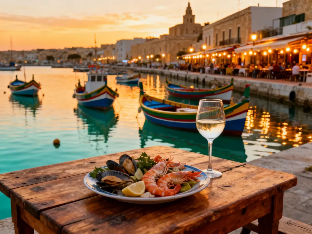Stolik z owocami morza i winem na tle malowniczego portu w Marsaxlokk z kolorowymi łodziami luzzu o zachodzie słońca.