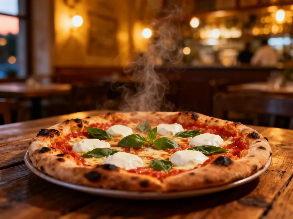 Świeża pizza neapolitańska z roztopioną mozzarellą i bazylią na drewnianym stole w przytulnej włoskiej restauracji.
