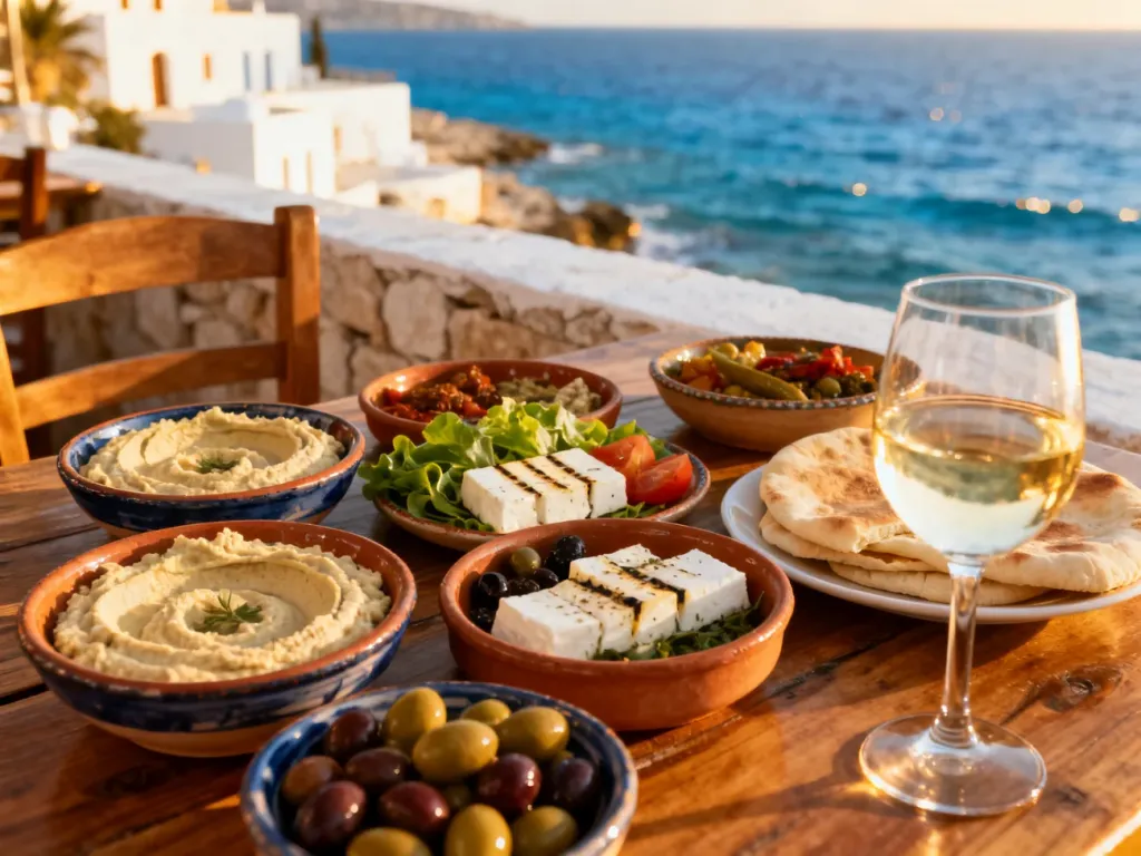 Tradycyjne cypryjskie meze z winem na tle morza w restauracji w Pafos. Idealna propozycja na lokalny posiłek.