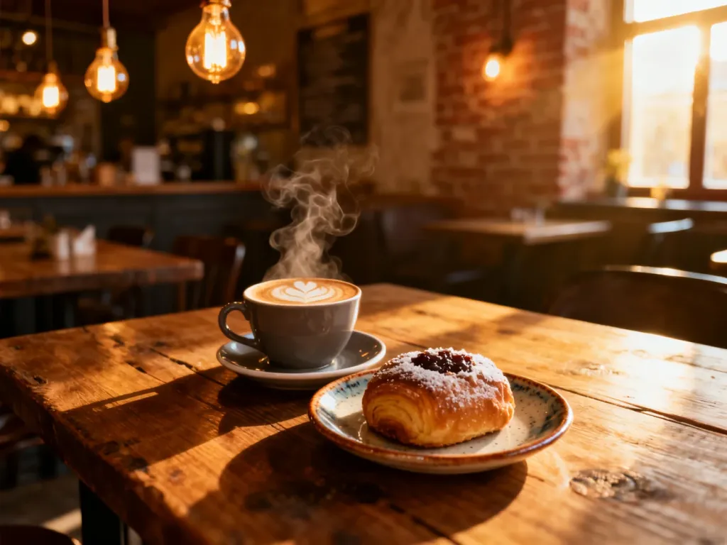 Filiżanka kawy z latte art i słodki wypiek na drewnianym stole w przytulnej kawiarni w Brnie.